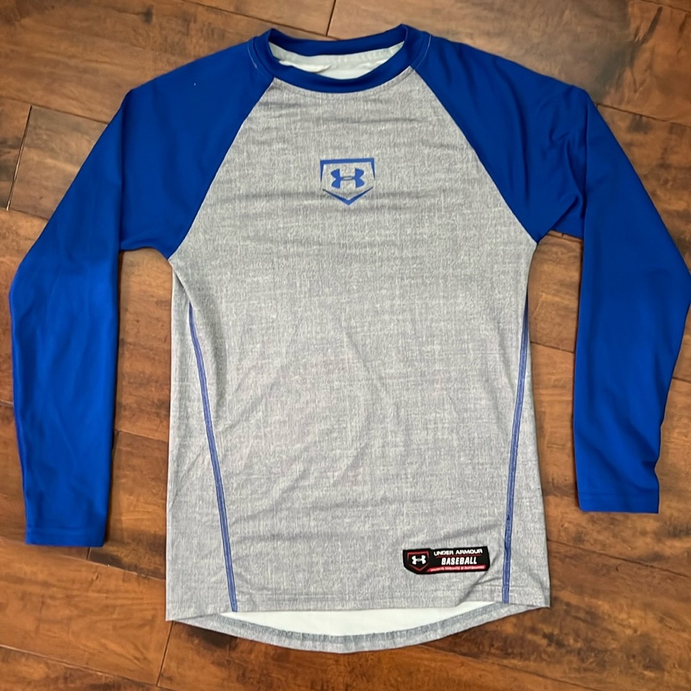 Boys Under Armour Heat Gear Fitted Long Sleeve Shirt - Size M, Gray and Blue